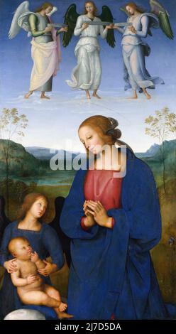 La Vergine col Bambino con Angelo di Pietro Perugino (Pietro Vannucci: c.1450-1523), olio con qualche tempera d'uovo su pioppo, c. 1496-1500 Foto Stock