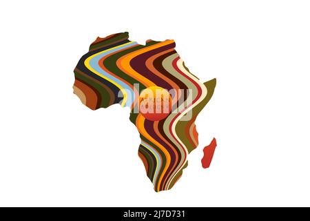 Africa mappa con motivi a strisce etniche. Banner con logo, colori tradizionali africani tribali, elementi motivo a strisce, concept design. Vettore Illustrazione Vettoriale