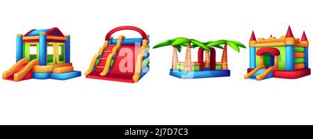 Complesso gonfiabile Cartoon gaming nel centro divertimenti. Parco giochi per bambini con attrezzatura per bambini. Castello rimbalzoso, trampolino e scivoli per l'intrattenimento dei bambini isolato su sfondo bianco. Illustrazione Vettoriale