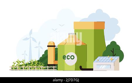 Impianto di produzione di biocarburanti piatti con piantagione di cornfield. Eco fabbrica industriale. Biodiesel o energia di produzione di biogas da mais organico per biomassa. Energia alternativa, eco-rinnovabile. Illustrazione Vettoriale