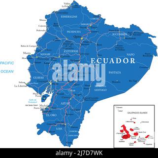 Mappa vettoriale molto dettagliata dell'Ecuador con regioni amministrative, principali città e strade. Illustrazione Vettoriale