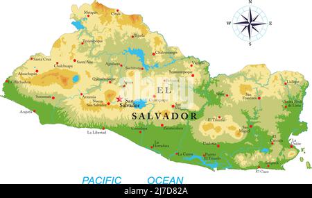 Mappa fisica molto dettagliata di El Salvador, in formato vettoriale, con tutte le forme di rilievo, regioni e grandi città. Illustrazione Vettoriale