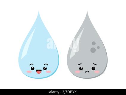 Carino goccia d'acqua pulito e sporco carattere kawaii. Illustrazione Vettoriale