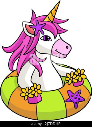 Unicorn nell'Oceano Cartoon Coloured Clipart Illustrazione Vettoriale