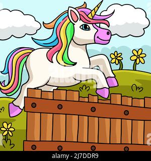 Jumping Unicorn colorato Cartoon Illustrazione Illustrazione Vettoriale