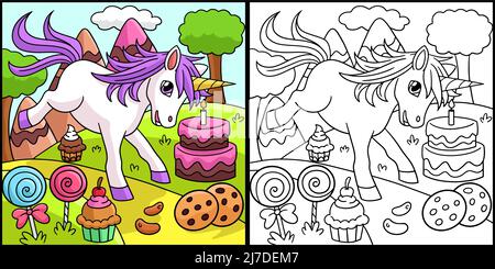 Unicorn in Candy Land colorazione pagina Illustrazione Illustrazione Vettoriale