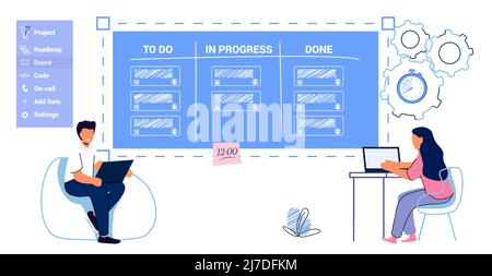 Kanban sviluppo software delineato concetto Agile Visual project management method Teamwork Project management framework metodologia strategia per prec Illustrazione Vettoriale