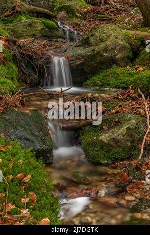 Cascata di Geigenbachfalle vicino alla collina di Groser Arber in Germania in primavera mattina Foto Stock