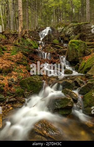 Cascata di Geigenbachfalle vicino alla collina di Groser Arber in Germania in primavera mattina Foto Stock