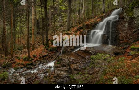 Cascata di Geigenbachfalle vicino alla collina di Groser Arber in Germania in primavera mattina Foto Stock