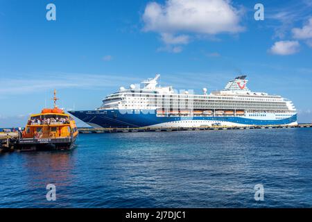 La nave da crociera Marella Explorer 2 e il traghetto Playa del Carmen sono attraccati al terminal delle navi da crociera, Centro, San Miguel de Cozumel, Cozumel, Quintana Roo, Messico Foto Stock