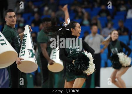 Hawaii Rainbow Warriors cheerleaders durante una semifinale del torneo di pallavolo universitario maschile NCAA contro i Ball State Cardinals, giovedì 5 maggio 2022, a Los Angeles. Foto Stock