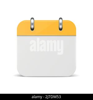 Vector 3D realistico semplice classico minimalista Calendar icona isolato su bianco. Modello di progetto per Mockup. Carta Calendario bianco e giallo sul muro Illustrazione Vettoriale