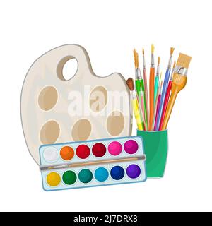Disegno di materiali creativi set isolato su sfondo bianco. Vernice acquerello, palette e pennelli in tazza. Strumenti di pittura design per negozio di artisti Illustrazione Vettoriale