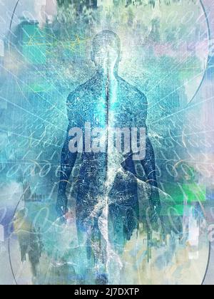 Uomo del futuro. Lo spirito emerge dallo spazio digitale. Soul o aura e codice binario. Rendering 3D Foto Stock