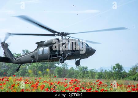 I soldati assegnati alla squadra britannica di combattimento di brigata di assalto 16th dell'aria decolgono in un elicottero di Blackhawk del 1st della brigata di Cavalleria dell'aria UH-60 in preparazione ad una missione di addestramento di assalto dell'aria durante la risposta di Swift, il centro di addestramento militare di Krivolak, Macedonia del Nord, 8 maggio 2022. Swift Response Esercies U.S. Army Europe e la capacità dell'Africa di dispiegarsi rapidamente al di là delle forze aeree europee multinnazionali con poco o nessun avvertimento in tutto il mondo. Lo scopo è quello di presentare forze armate credibili in Europa e Africa e di migliorare la prontezza costruendo l'interoperabilità aerea con alleati e par Foto Stock