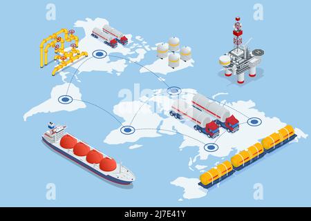 Autocisterna isometrica che carica gas naturale liquefatto presso il terminale di negoziazione. Trasporto, consegna, transito di gas naturale Illustrazione Vettoriale