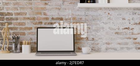 Spazio di lavoro vintage minimale con computer portatile bianco schermo mockup e accessori su tavolo bianco su sfondo mattone parete. 3d rendering, 3d rendering Foto Stock