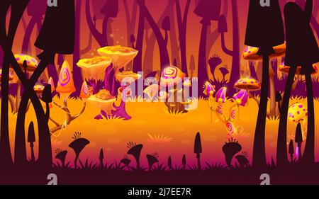 Funghi magici fantasy gioco livello paesaggio, foresta aliena posizione scena. Sfondo parallasse vettoriale cartoon con strani funghi, insolite piante da fiaba con brillanti calotte luminose e scintille Illustrazione Vettoriale