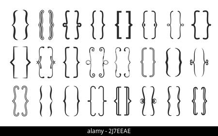 Parentesi di testo. Cornici ricurde, rotonde, quadrate, eleganti di segni di punteggiatura vettoriale. Linee nere isolate di parentesi figurate, parentesi e bretelle, calligrafia Illustrazione Vettoriale
