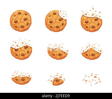 Crumble biscotto biscotto animati sprite. Vettore croccante dessert con pezzi di cioccolato intero e morso scompare animazione. Piecess di dessert fatti in casa isolato per la partita dei cartoni animati Illustrazione Vettoriale