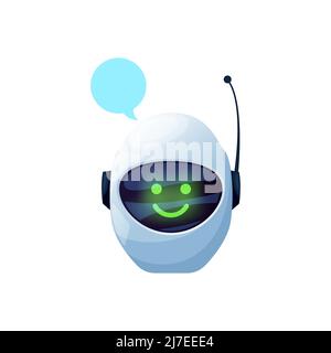 Robot bot o chatbot ai virtuale del personaggio di supporto del servizio con antenna e bolla vocale sopra la testa. Consulente online vettoriale, chat bot con il volto sorridente, digital Messenger Virtual helper Illustrazione Vettoriale