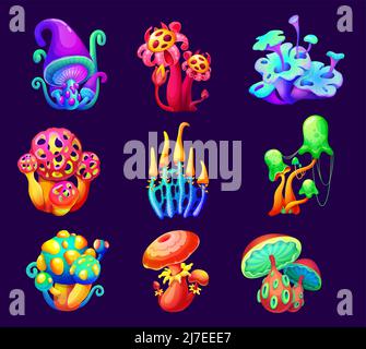 Funghi magici e fata. Fantasy fungi, pianeta alieno colore vibrante e organismi fluorescenti, flora extraterrestre cartoon funghi vettoriali con buchi e lime sul cappuccio. Icone dell'interfaccia utente del gioco impostate Illustrazione Vettoriale