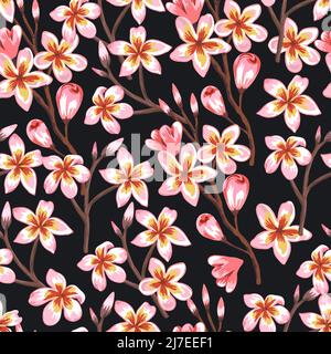 Disegno a mano senza cuciture con rami sakura in fiore. Illustrazione Vettoriale