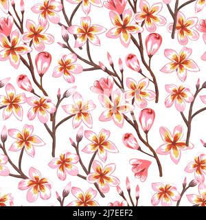 Disegno a mano senza cuciture con rami sakura in fiore. Illustrazione Vettoriale