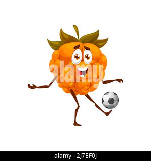 Fumetto fumetto giocare a calcio o calcio gioco di sport. Vettore frutta o bacca carattere con il viso felice kicking palla, divertente giocatore di calcio nuvoloso emoji design, cibo sano e vitamine fruttate Illustrazione Vettoriale