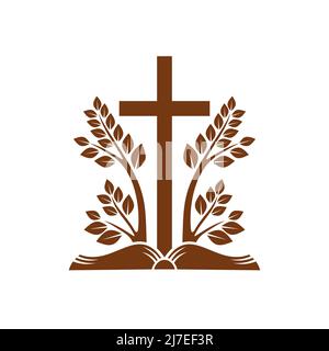 Religione cristiana icona vettore con croce e alberi crescono dalla Bibbia aperta. Libro sacro cristiano-cattolico e simbolo crocifisso isolato su sfondo bianco, fede e emblema religioso Illustrazione Vettoriale