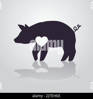 carina silhouette di maiale nero con cuore bianco cartone animato animale isolato a tutta lunghezza Illustrazione Vettoriale