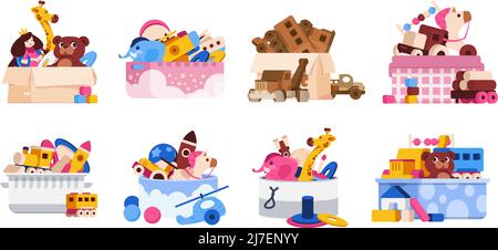 Scatola giocattolo. Cartoon contenitori colorati con giocattoli per bambini, trasporto di animali e puzzle, baby room giocattolo organizzazione. Set isolato vettoriale Illustrazione Vettoriale