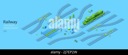 Banner ferroviario con locomotiva isometrica ed elementi di binario ferroviario. Poster vettoriale di percorso per treni, metropolitana e tram, strada ferroviaria con switch, incrocio, segnale Illustrazione Vettoriale