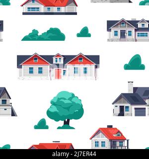 Casa cottage modello. Cartoon country building stampa senza giunture con case di città esterno. Struttura rurale vettoriale Illustrazione Vettoriale