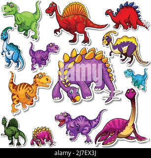 Set di adesivi di diversi dinosauri cartoni animati Illustrazione Vettoriale