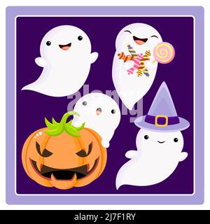 Set di simpatici fantasmi con diverse emozioni in stile kawaii. Halloween Collezione di piccoli fantasmi con caramelle, zucca, in cappello. Illustrazione vettoriale EPS Illustrazione Vettoriale