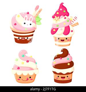 Set di torta carina, muffin, cupcake in stile kawaii con viso sorridente e guance rosa per un design dolce. Illustrazione vettoriale EPS8 Illustrazione Vettoriale