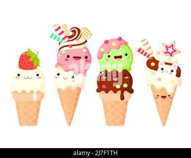 Set di personaggi gelato in stile kawaii con viso sorridente e guance rosa per un design dolce. Sundae, gelato in cono di waffle. Carino cibo estivo collec Illustrazione Vettoriale