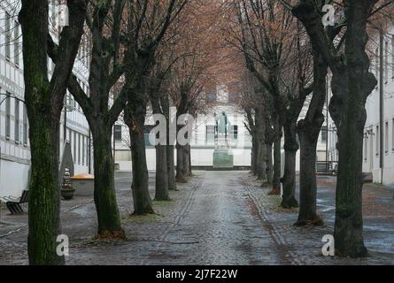 Halle S Franckesche Stiftungen 3469 Lindenhof zwischen den Stiftungsbauten (1698-1745) hinten Denkmal für August Hermann Francke von Christian Daniel Foto Stock