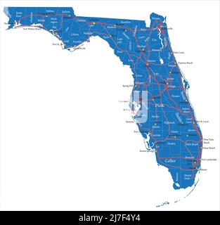 Mappa vettoriale altamente dettagliata della Florida con nomi di contea, città principali e strade. Illustrazione Vettoriale