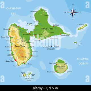 Mappa fisica altamente dettagliata delle isole Guadalupa, in formato vettoriale, con tutte le forme di rilievo, regioni e grandi città. Illustrazione Vettoriale