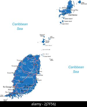 Mappa vettoriale molto dettagliata di Grenada con regioni amministrative, principali città e strade. Illustrazione Vettoriale