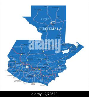 Mappa vettoriale molto dettagliata del Guatemala con regioni amministrative, principali città e strade. Illustrazione Vettoriale