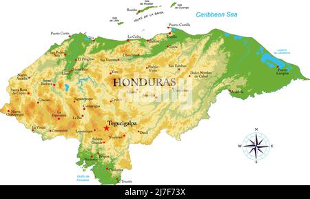 Mappa fisica molto dettagliata dell'Honduras, in formato vettoriale, con tutte le forme di rilievo, le regioni e le grandi città. Illustrazione Vettoriale