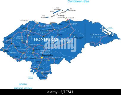 Mappa vettoriale molto dettagliata dell'Honduras con regioni amministrative, principali città e strade Illustrazione Vettoriale