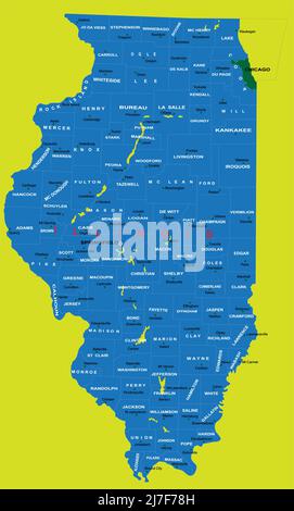 Mappa molto dettagliata dell'Illinois con regioni amministrative e città principali. Illustrazione Vettoriale