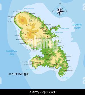 Mappa fisica molto dettagliata dell'isola della Martinica, in formato vettoriale, con tutte le forme di rilievo, le regioni e le grandi città. Illustrazione Vettoriale