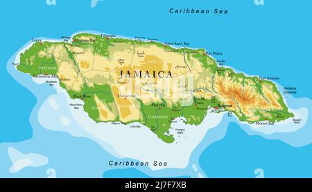 Mappa fisica molto dettagliata della Giamaica, in formato vettoriale, con tutte le forme di rilievo, regioni e grandi città. Illustrazione Vettoriale