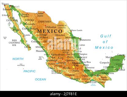 Mappa fisica molto dettagliata del Messico, in formato vettoriale, con tutte le forme di rilievo, regioni e grandi città. Illustrazione Vettoriale